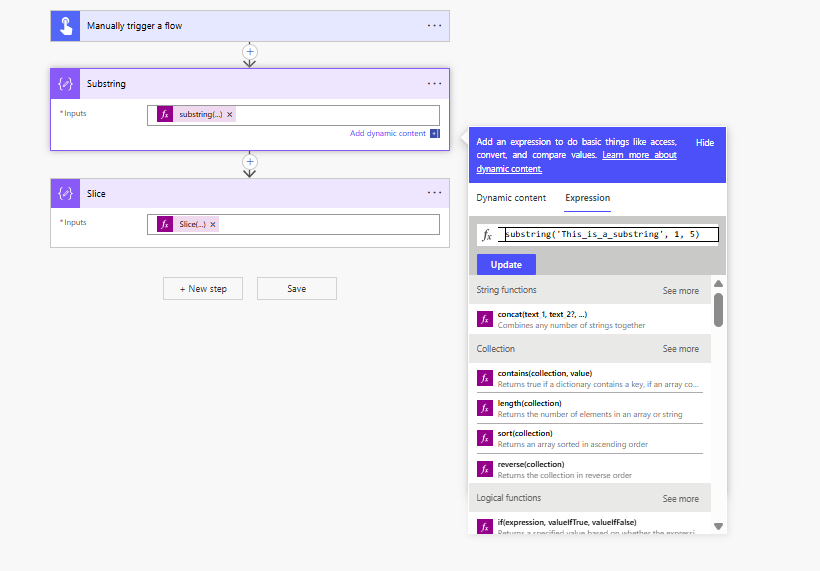 Screenshot of a user interface for manually triggering a flow, featuring options for 'Substring' and 'Slice' with expressions displayed in an expression box.