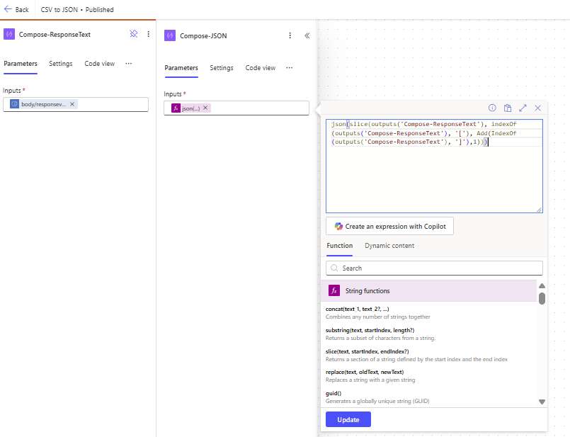 The Conversion expression to turn CSV into JSON
