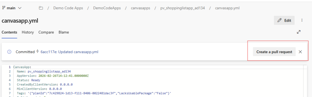 image 100 Display of a YAML file in a code editor showing details of a Canvas app configuration, including app name, version, status, and associated tags.
