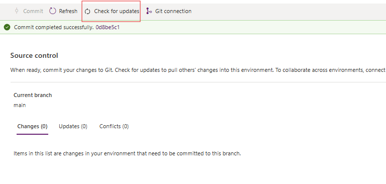 image 102 Screenshot of a source control interface showing options to commit changes, check for updates, and manage the current branch in Git. Displays status of changes, updates, and conflicts.