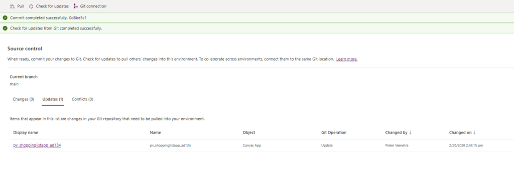 image 103 Screenshot of a Git source control interface displaying successful commit messages, current branch information, and updates available in the repository.