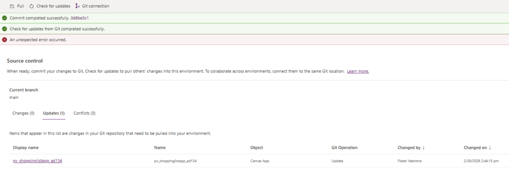 image 104 Screenshot of a source control interface displaying Git commit messages, update notifications, and error messages. Shows the current branch as 'main' with sections for changes, updates, and conflicts.