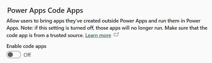 image 105 Power Apps Code Apps settings page with a toggle switch for enabling code apps, indicating the current status as 'Off'.