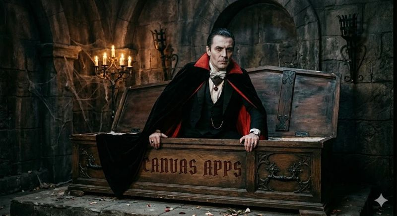 image 106 A man dressed as a vampire emerging from a wooden coffin, wearing a black cape and formal attire, set in a dark, gothic environment with candles and stone walls.