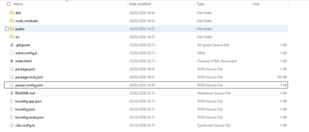 image 107 Screenshot of a file directory structure showing various folders and files including 'dist', 'node_modules', 'public', and multiple configuration files like 'power.config.json' and 'tsconfig.json'.