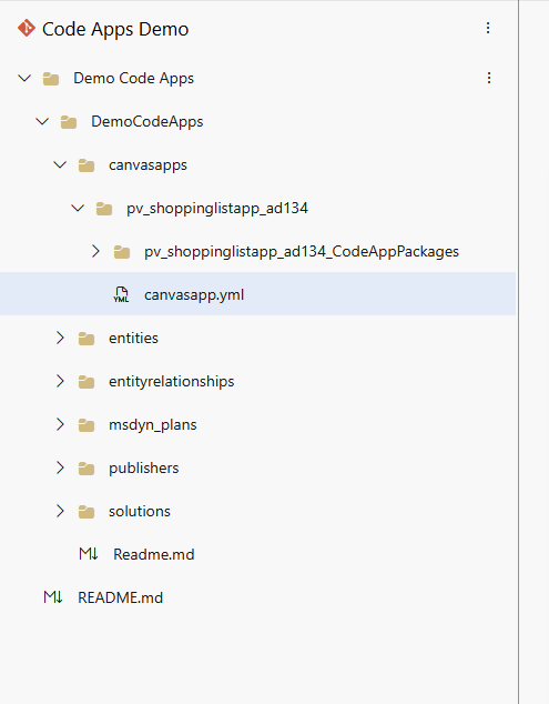 image 108 File directory structure showing 'Code Apps Demo' with nested folders including 'DemoCodeApps', 'canvasapps', and various YAML and markdown files.