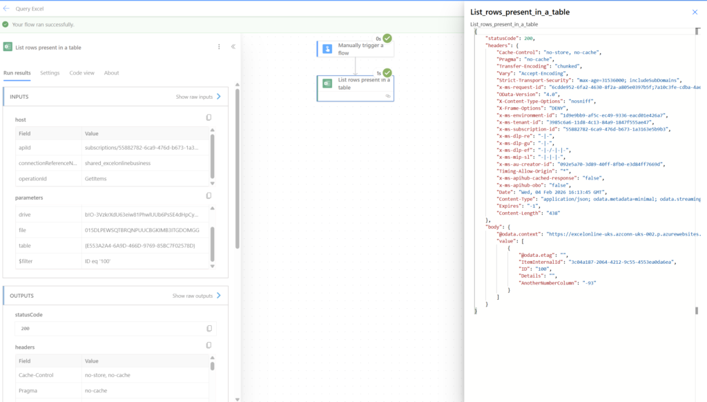 image 19 Screenshot displaying a successful execution of a query in a flow, showcasing inputs and outputs along with a JSON response from a table listing rows.