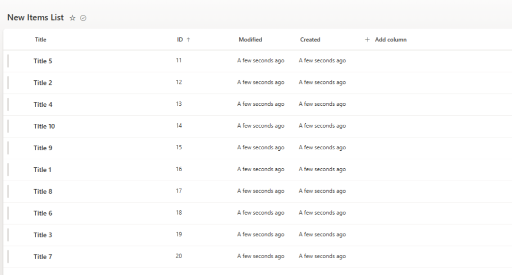 Table displaying a list of new items with columns for Title, ID, Modified date, and Created date.