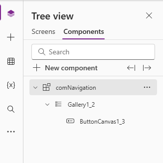 image 4 Tree view interface displaying components with a search bar, new component button, and a hierarchical list showing 'comNavigation', 'Gallery1_2', and 'ButtonCanvas1_3'.