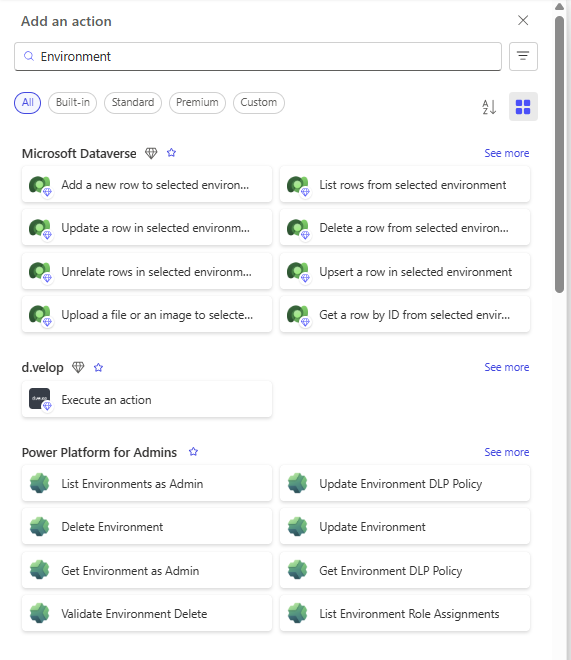 Screenshot of an action menu in an application, displaying options related to Microsoft Dataverse and Power Platform for Admins, including functionalities like adding or updating rows, listing environments, and executing actions.