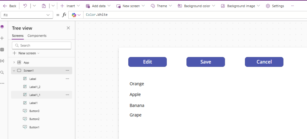 Screenshot of a user interface displaying a tree view structure with options to Edit, Save, and Cancel, and a list of items: Orange, Apple, Banana, Grape.