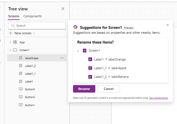 Copilot suggests how to rename controls based on your first rename of a control