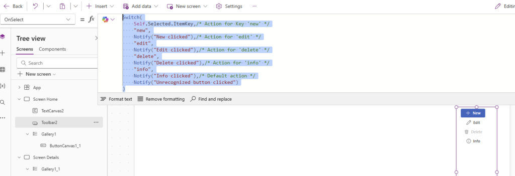 image 7 The OnSelect to property to configure what each button does