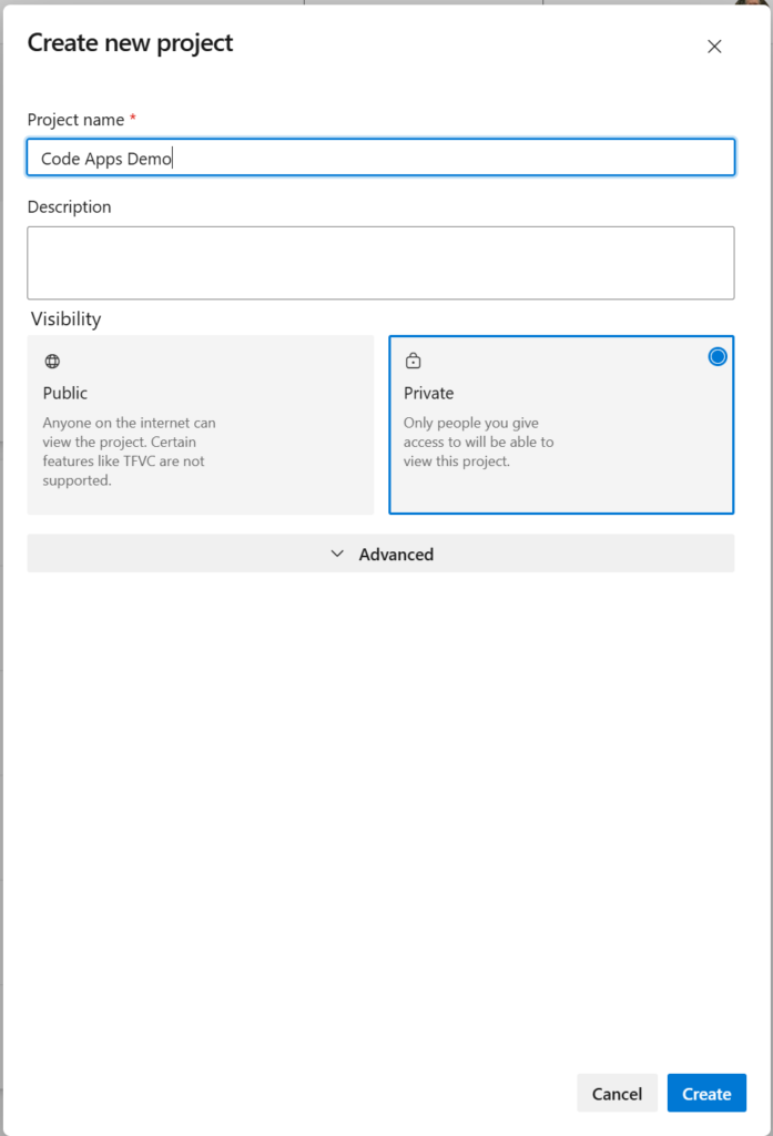 image 78 Create new project modal with fields for project name, description, and visibility options including public and private settings.