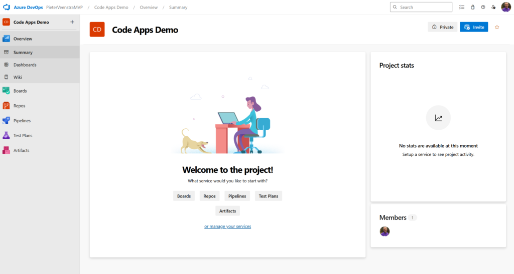 image 79 Screenshot of Azure DevOps 'Code Apps Demo' project overview, featuring a welcome message, service options including Boards, Repos, Pipelines, Test Plans, and Project stats section.