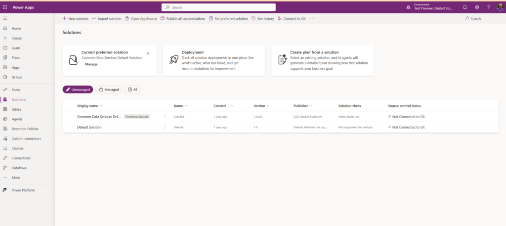 image 82 Screenshot of the Power Apps Solutions interface, displaying sections for current preferred solution, deployment tracking, and creating plans, with a table listing unmanaged and managed solutions.