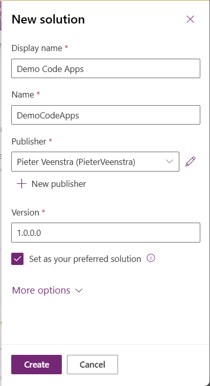 image 83 A user interface for creating a new solution, including fields for display name, name, publisher, version, and options to create or cancel.