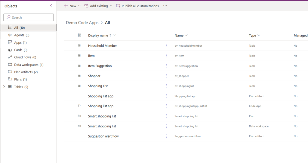 image 86 Screenshot of a user interface displaying a list of demo code apps, including items like Household Member, Item, Shopper, and various shopping lists, along with their corresponding types and management status.