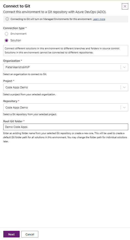 image 89 A user interface for connecting to a Git repository via Azure DevOps, featuring options for selecting connection type, organization, project, repository, and root Git folder.