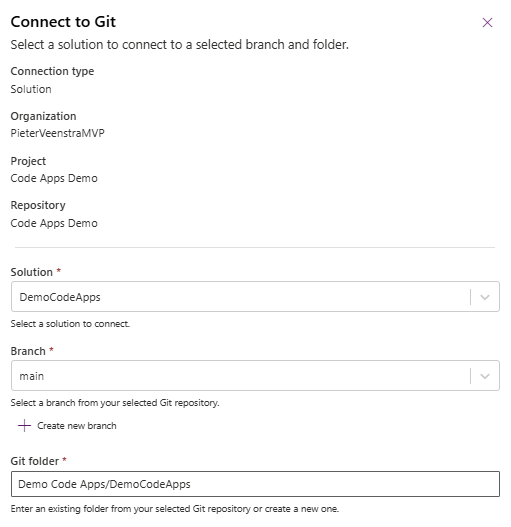 image 90 User interface for connecting to a Git repository, featuring fields for organization, project, repository, solution, branch, and Git folder.