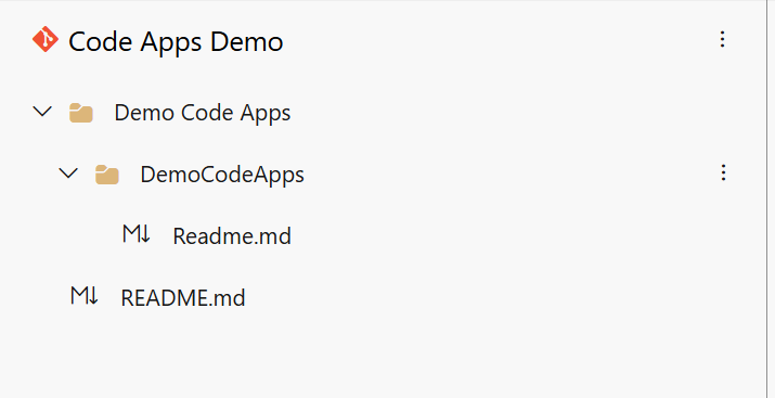 image 91 Screenshot of a file directory titled 'Code Apps Demo' showing folders and markdown files.