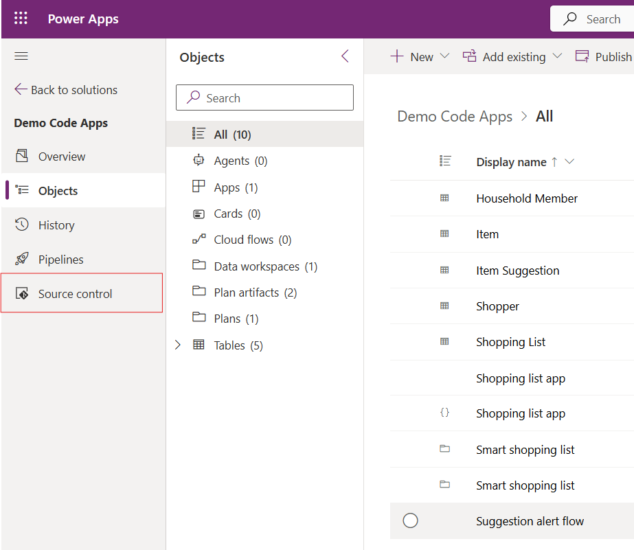 image 92 Screenshot of Power Apps interface showing the 'Objects' section with options like 'Source control', 'History', and a list of items under 'Demo Code Apps'.