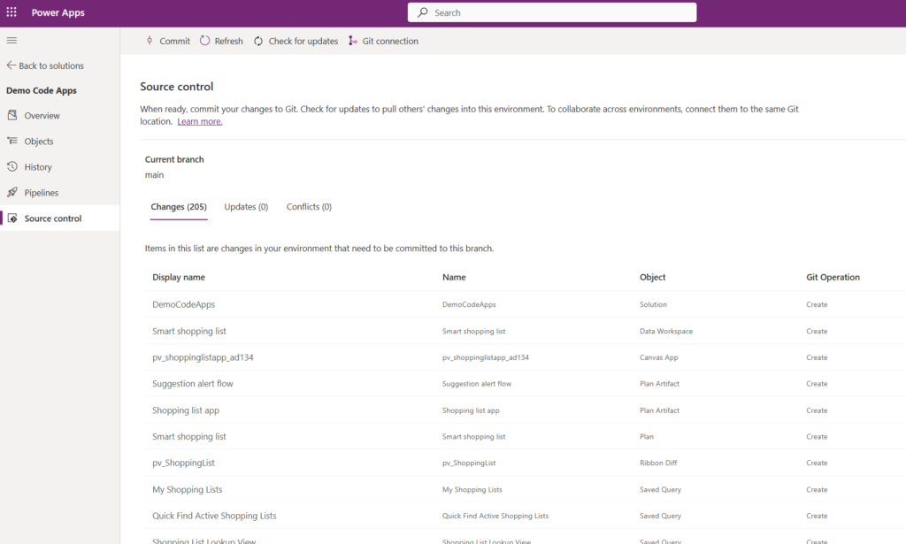 image 93 Screenshot of Power Apps interface showing the Source Control section with details about current branch and changes in the environment.