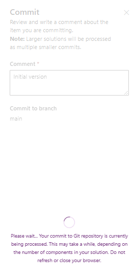 image 95 A user interface for committing changes in a Git repository, including fields for a comment and branch selection, along with a processing message indicating the commit status.