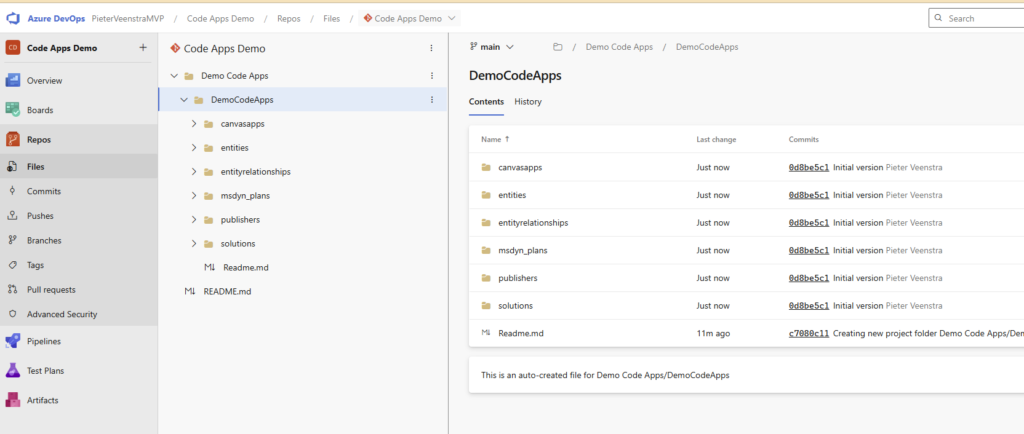 image 96 Screenshot of the Azure DevOps interface displaying the file structure of a repository named 'DemoCodeApps' with folders and files listed.