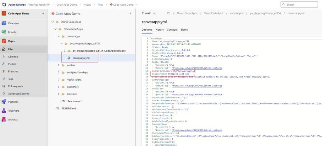 image 97 Screenshot of an Azure DevOps interface displaying the contents of a 'canvasapp.yml' file related to a shopping list app, showing its properties and structure.