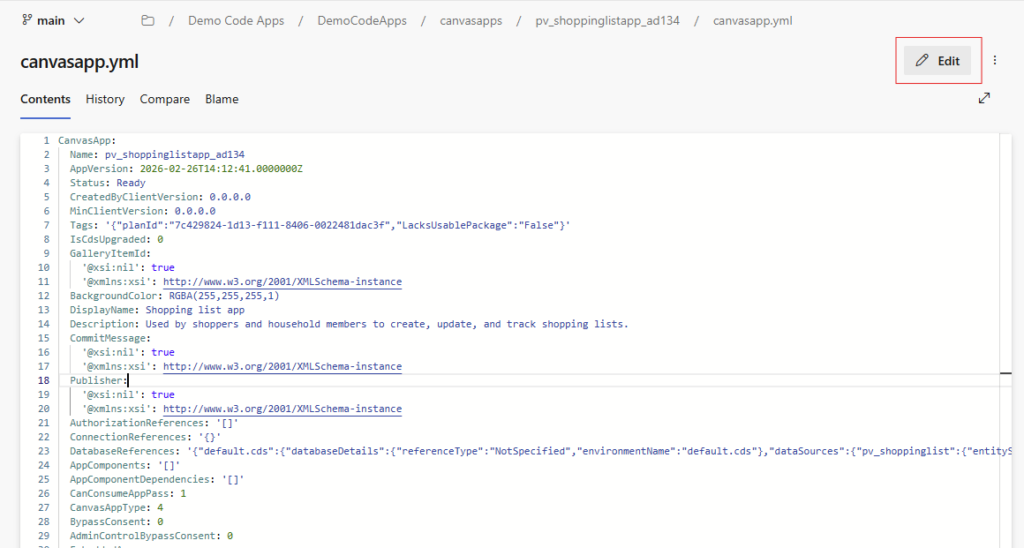 image 98 Screenshot of a coding interface showing a YAML file for a shopping list app named 'pv_shoppinglistapp_ad134'. The file includes details such as app version, status, description, and other configuration settings.