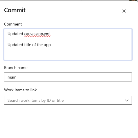 image 99 User interface for a commit window in a version control system, showing fields for comment, branch name, and work items.