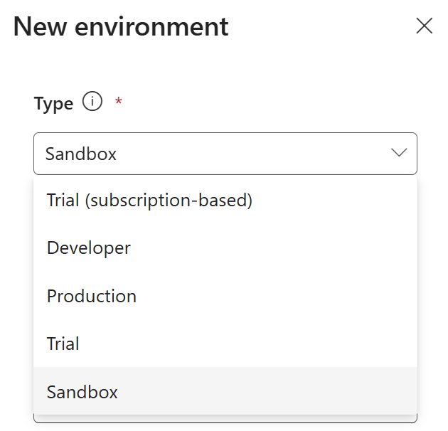 Dropdown menu for selecting environment type with options including Sandbox, Trial (subscription-based), Developer, Production, and Trial.