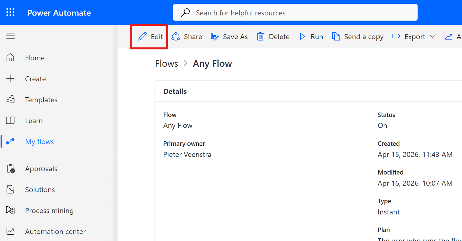 Screenshot of the Power Automate interface showing details of a flow, including options to edit, share, and track automation impact, with statistics about time saved.