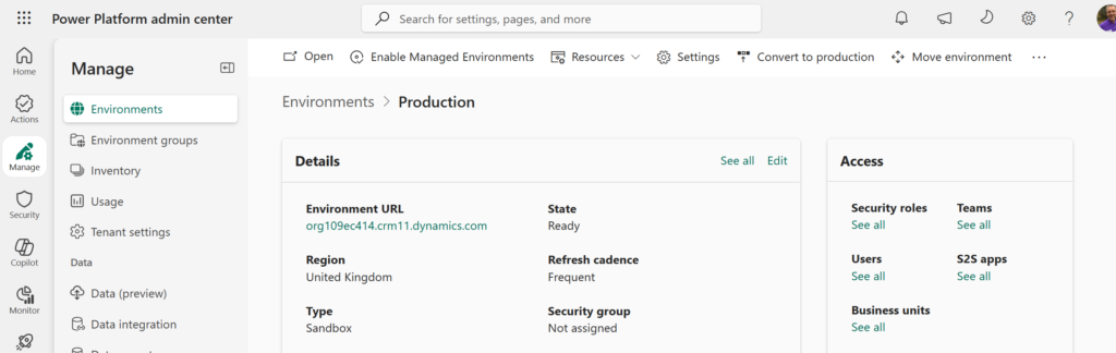 Screenshot of the Power Platform admin center showing the 'Manage' section with details on environments, their settings, and access permissions.