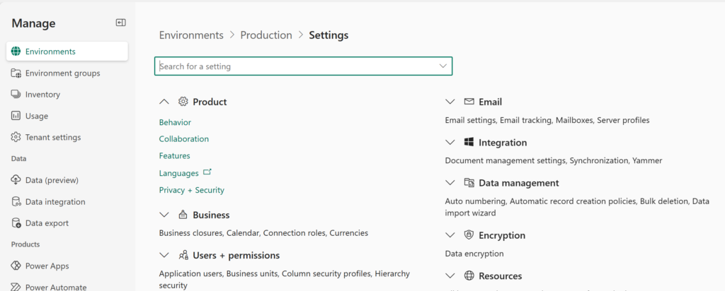 A screenshot of a settings menu in a software interface, displaying options for managing environments, products, email settings, integration, data management, encryption, and user permissions.