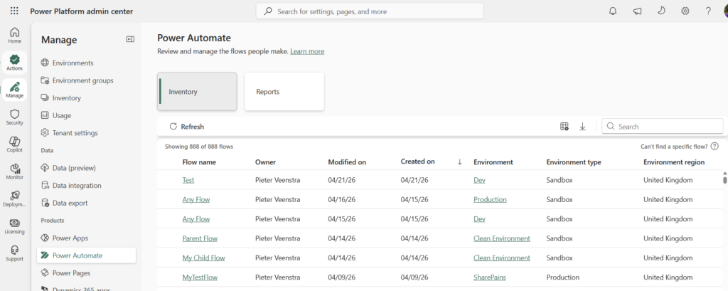 image 38 Power Automate Inventory displaying all flows