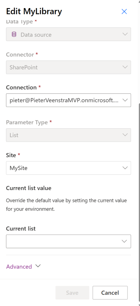 image 7 Screenshot of a user interface for editing a data source in SharePoint, including fields for data type, connector, connection, parameter type, site, and current list value.