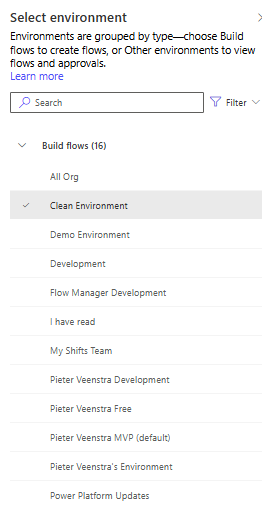 image A user interface screenshot displaying the 'Select environment' dropdown menu for managing different environments, including options like 'Clean Environment', 'Demo Environment', and 'Development'.