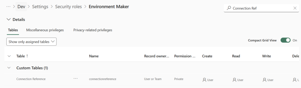 Environment Maker security role