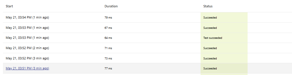 image 19 Log table displaying test start times, durations, and statuses, with successful tests highlighted.
