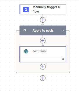 image 31 Flowchart illustrating a process with a 'Manually trigger a flow' action, followed by an 'Apply to each' action, which leads to a 'Get items' action.