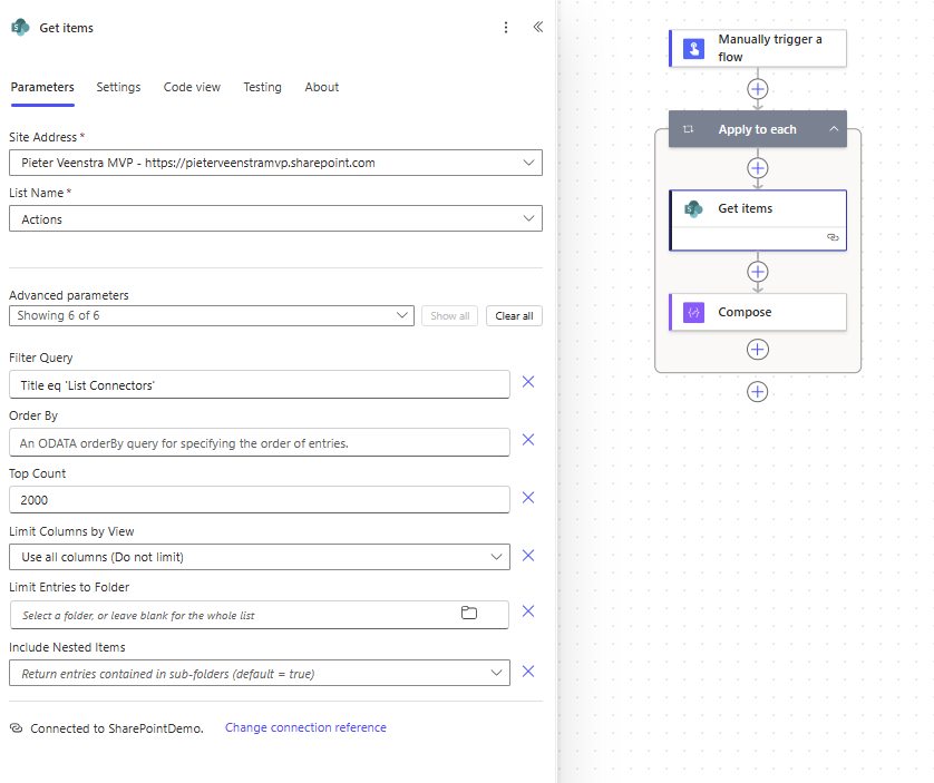 image 32 Screenshot of a Power Automate flow configuration showing parameters for 'Get items' action, including site address, list name, filter query, order by, and other advanced settings.