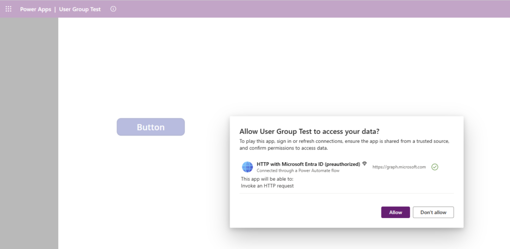 A user interface from Power Apps displaying a button labeled 'Button' and a pop-up request asking for permission to access data, specifying connection via Microsoft Entra ID.