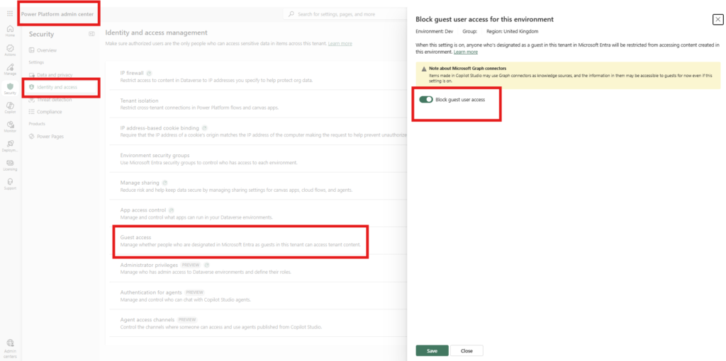 Screenshot of the Power Platform admin center showing the Security section with a focus on Identity and access management. Highlighted areas include options for managing guest access and blocking guest user access in an environment.